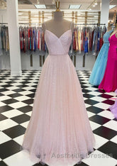 Lavender Evening Prom Dresses, A-line V Neck Spaghetti Straps Long/Floor-Length Tulle Evening Prom Dresses With Beading Sequins